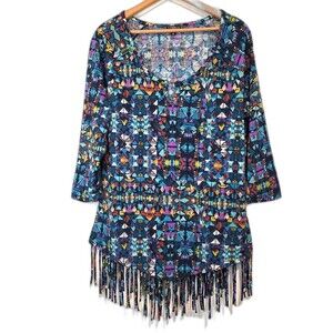 Hannah Western Boho Tunic Top Fringe Aztec Southwest 3/4 Sleeve Size XL